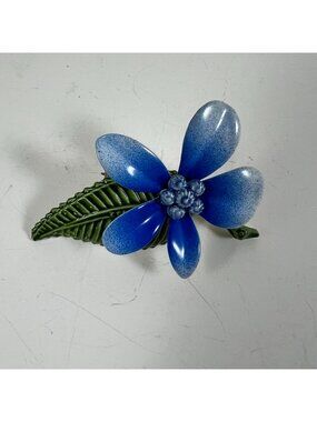 Vintage Blue Flower & Green Leaf Enamel Metal Brooch Pin